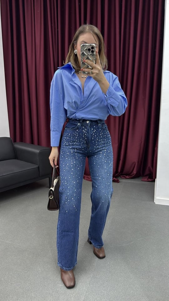 Swarovski Kot Renk Taş Aksesuarlı Premium Jean