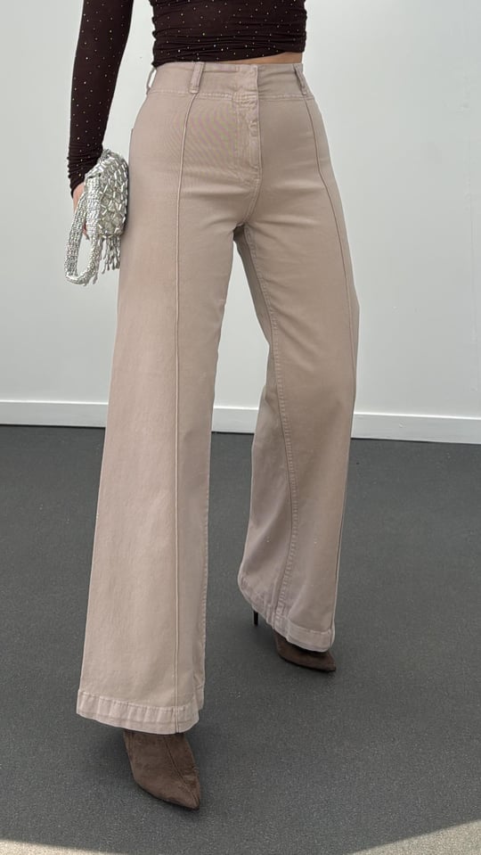 Vivet Açık Vizon Nervür Dikişli Likralı Wide Leg Jeans