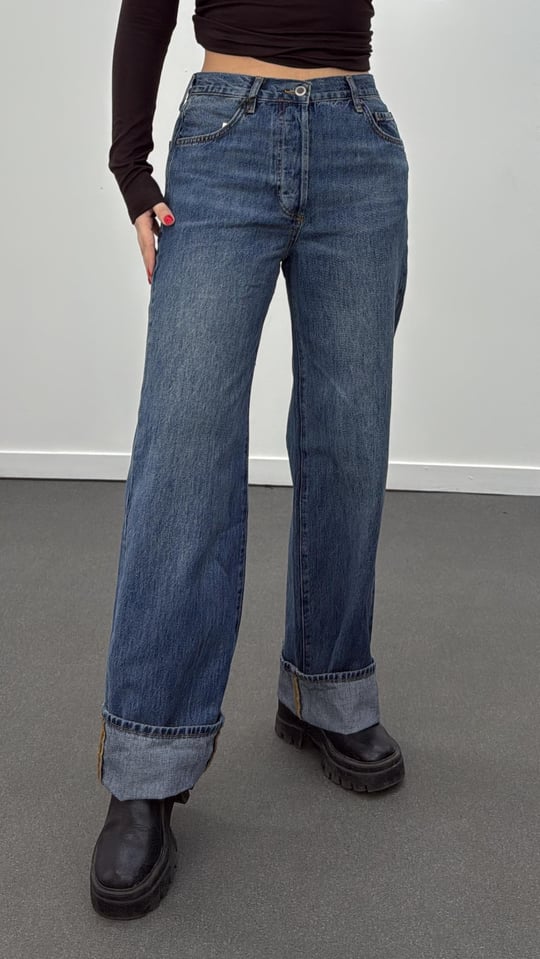 Wanda Kot Yıkamalı Orta Bel Baggy Relax Fit Jeans