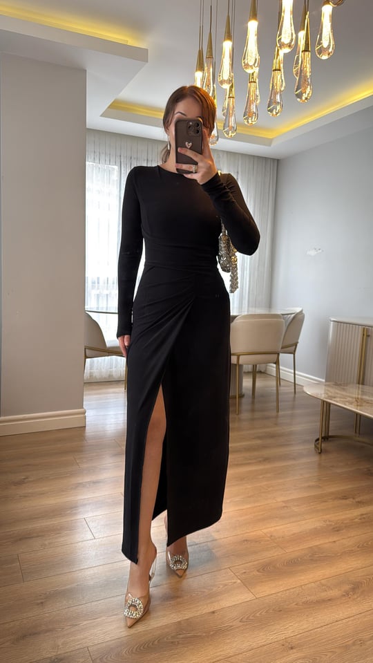 Zafira Siyah Drapeli Maxi Elbise