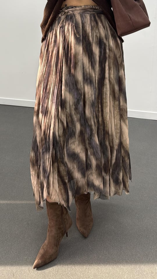 Zoey Kahve Desenli Asimetrik Astarlı Midi Etek