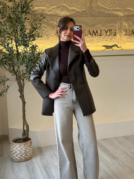 Acı Kahve Blazer Deri Ceket