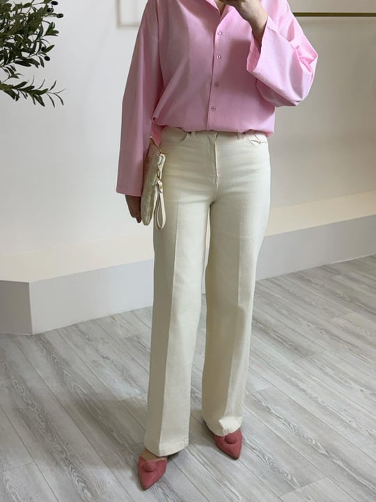 Bej Wideleg Denim Pantolon