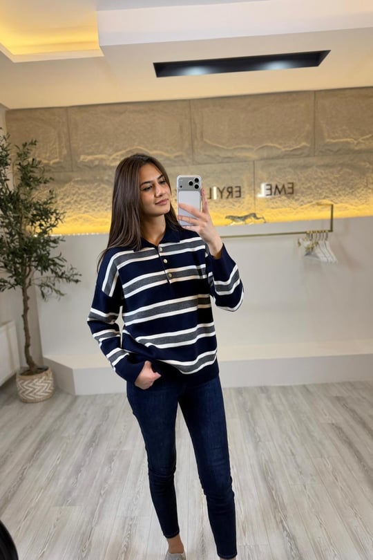 Çizgili Örme Triko Sweat