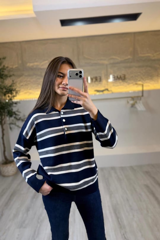 Çizgili Örme Triko Sweat