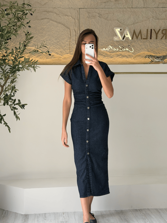 Düğme Detaylı Denim Elbise