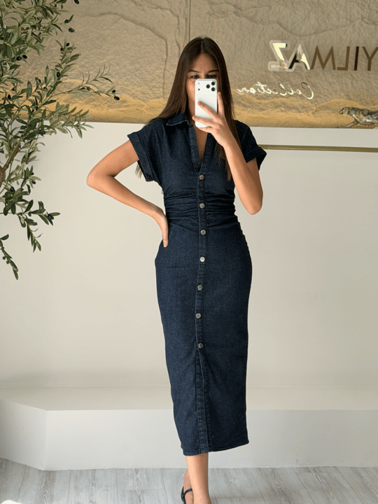 Düğme Detaylı Denim Elbise