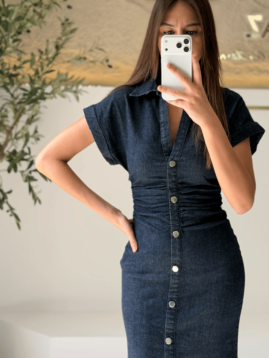 Düğme Detaylı Denim Elbise