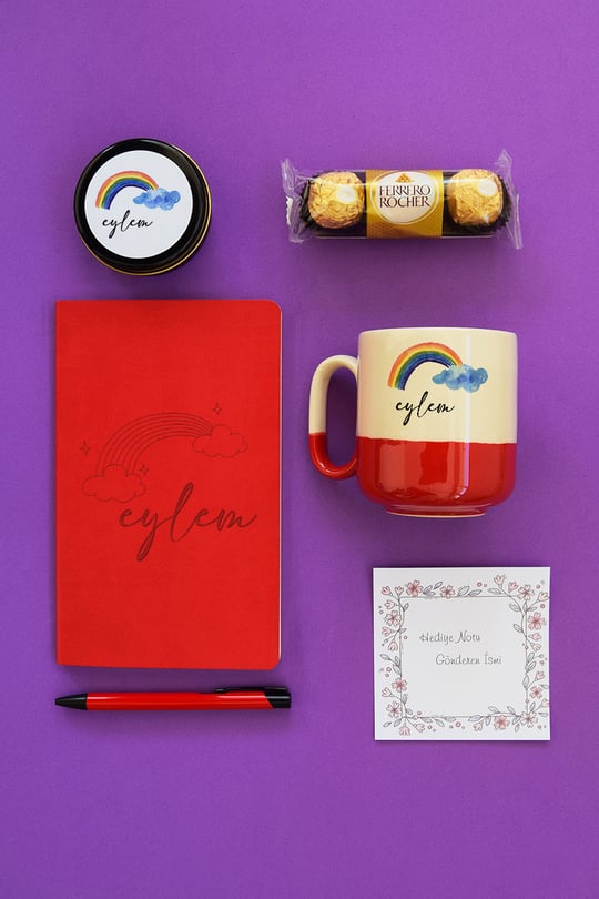 Gökkuşağı Hediye Kutusu - Kişiye Özel Pro Kupa, Defter, Mum, Çikolata Ferrero Rocher 3lü, Kalem