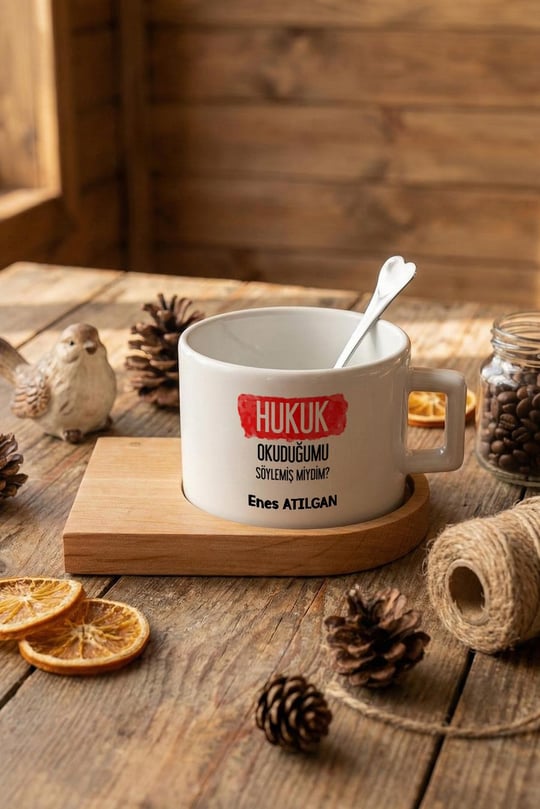 Hukukçulara Hediye Kişiye Özel Lüks Fincan, Ahşap Altlıklı, Kaşıklı