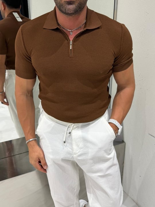 Ferel Yarım Fermuar Detay Pamuklu Tshirt Kahve