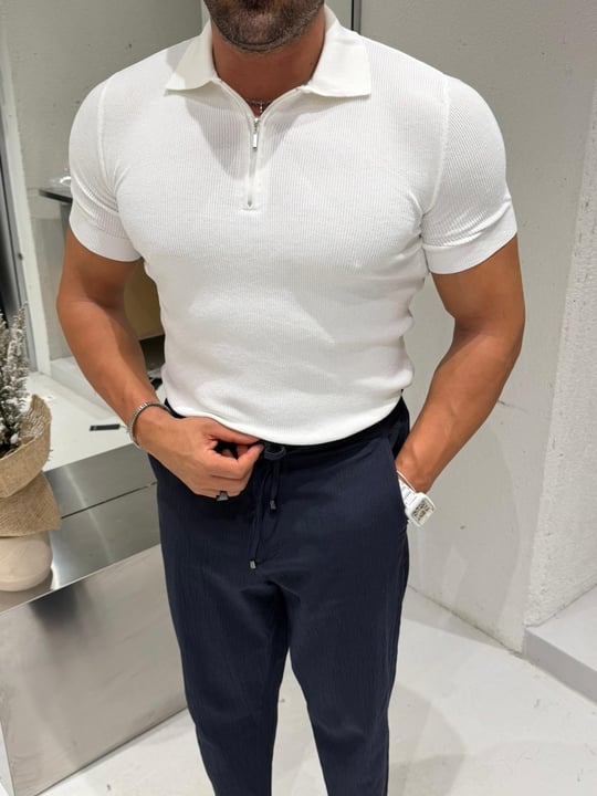 Ferel Yarım Fermuar Detay Pamuklu Tshirt Beyaz