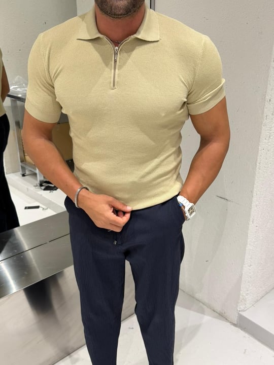 Ferel Yarım Fermuar Detay Pamuklu Tshirt Bej
