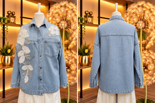 Açık Mavi Beyaz Çiçek Aplikeli Taş Detaylı Oversize Kadın Kot Gömlek