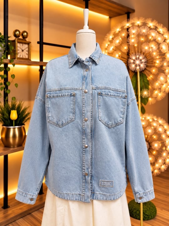 Açık Mavi CHIC Etiket Detaylı Oversize Kadın Kot Gömlek