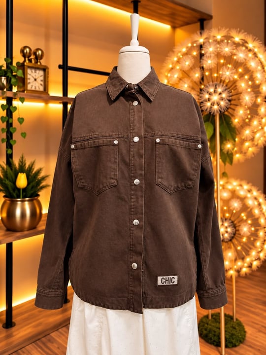 Kahverengi CHIC Etiket Detaylı Oversize Kadın Kot Gömlek