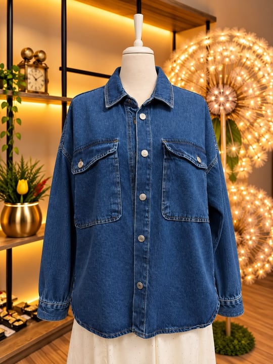 Koyu Mavi Çift Kapak Cepli Oversize Kadın Kot Gömlek