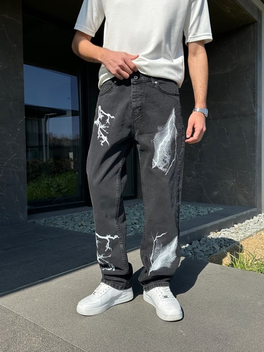 SİYAH ŞİMŞEK DESENLİ BAGGY PANTOLON
