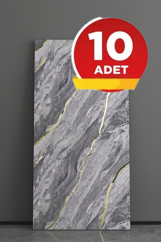 10 Adet 30x60cm Açık Gri Altın Damar Mermer Görünüm Kendinden Yapışkanlı Banyo PVC Duvar Panel-M6008