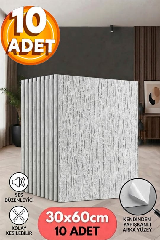 10 Adet, Yüksek Kalite Kabartmalı Dokulu Beyaz Renk Gerçek Sıva Hissi Modern Beton Görünüm Desenli Pvc Mat Panel Kendinden Yapışkanlı Duvar Kaplaması Mat-1201, 30x60 CM 