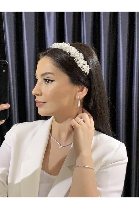 Beyaz Taşlı Gelin Düğün Kına Nikah Nişan Türban Aksesuarı Narin