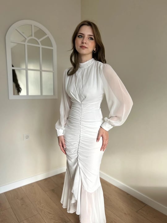 Alina Beyaz Şifon Elbise