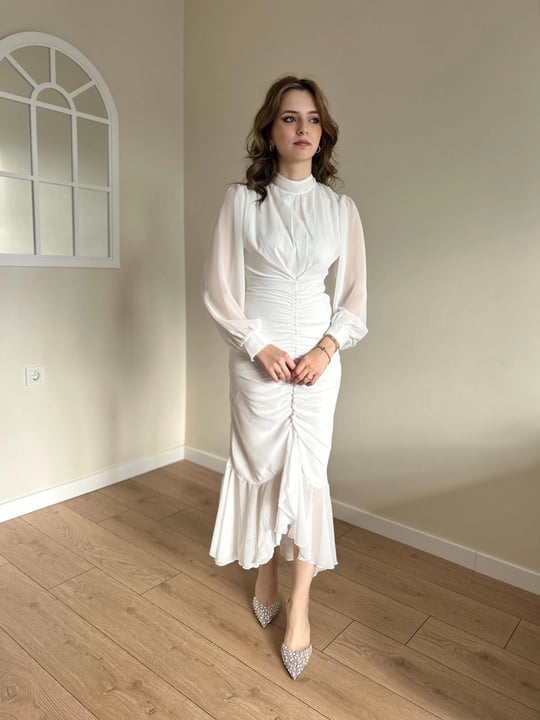Alina Beyaz Şifon Elbise