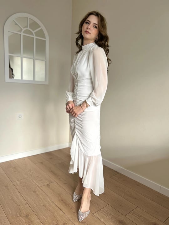Alina Beyaz Şifon Elbise