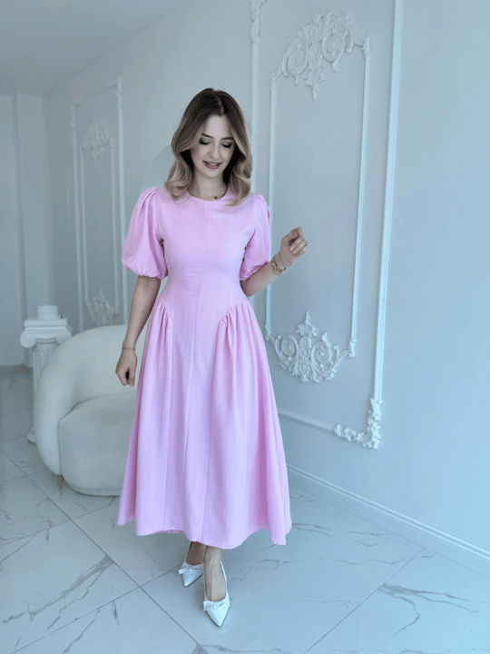 Arkadan Bağlamalı Eteği Yanları Büzgülü Keten Pembe Elbise
