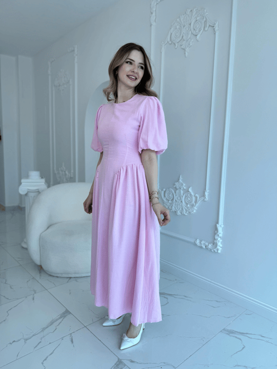 Arkadan Bağlamalı Eteği Yanları Büzgülü Keten Pembe Elbise
