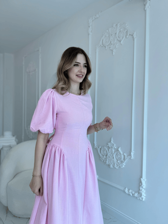 Arkadan Bağlamalı Eteği Yanları Büzgülü Keten Pembe Elbise