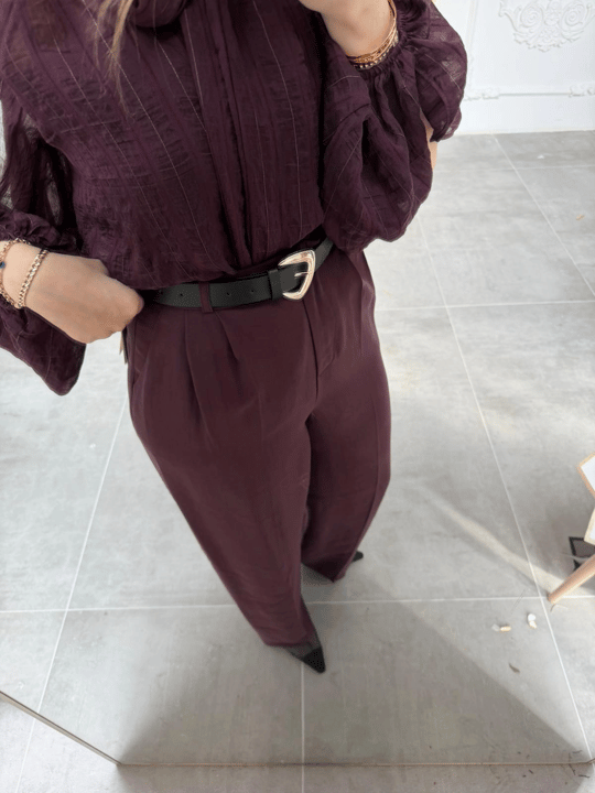 Mürdüm Çift Pileli Kemerli Kumaş Pantolon