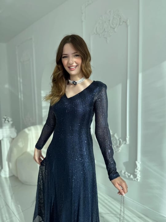 Parla Lacivert Pul Parıltılı Midi Boy Elbise