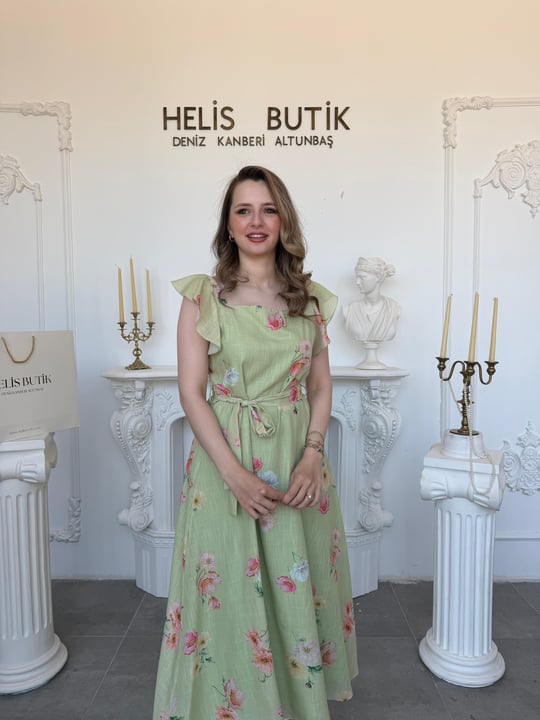 Baskılı Pamuk Keten Kare Yaka Fırfırlı Midi Elbise - Yeşil
