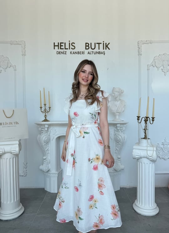 Baskılı Pamuk Keten Kare Yaka Fırfırlı Midi Elbise - Ekru