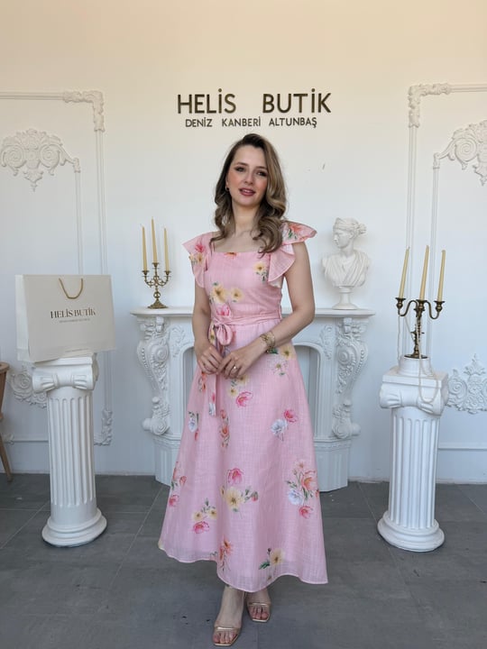 Baskılı Pamuk Keten Kare Yaka Fırfırlı Midi Elbise - Pembe