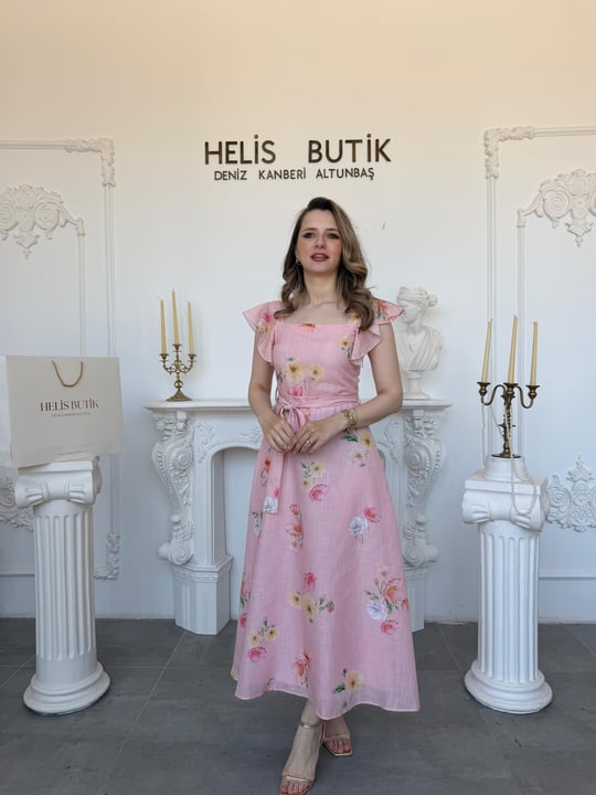 Baskılı Pamuk Keten Kare Yaka Fırfırlı Midi Elbise - Pembe