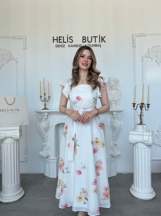 Baskılı Pamuk Keten Kare Yaka Fırfırlı Midi Elbise - Ekru