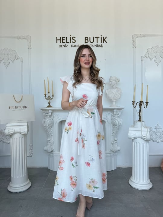 Baskılı Pamuk Keten Kare Yaka Fırfırlı Midi Elbise - Ekru