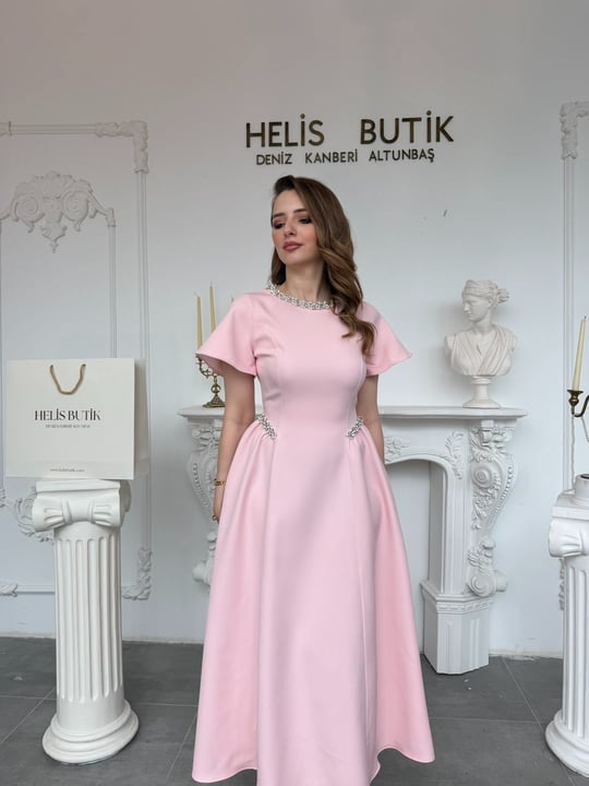 Helis Özel Tasarım Prenses Kesim Taş İşlemeli Abiye Elbise - Pembe