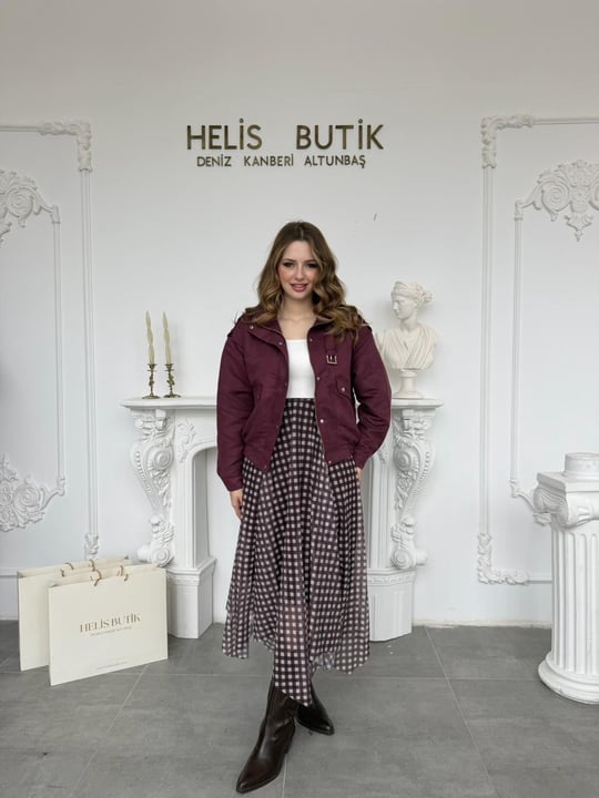 Kahverengi Ekose Desenli Astarlı Tül Etek