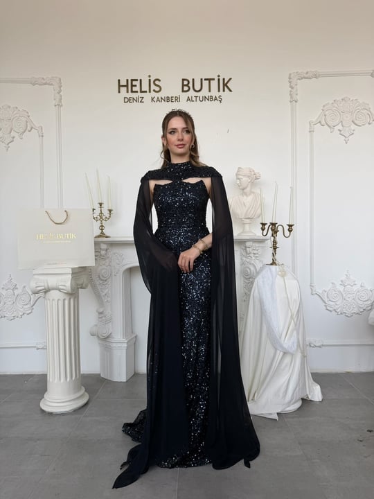 Payetli Pelerinli Balık Model Premium Abiye Elbise - Lacivert