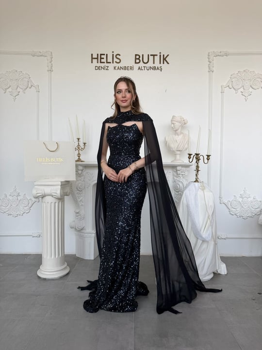 Payetli Pelerinli Balık Model Premium Abiye Elbise - Lacivert