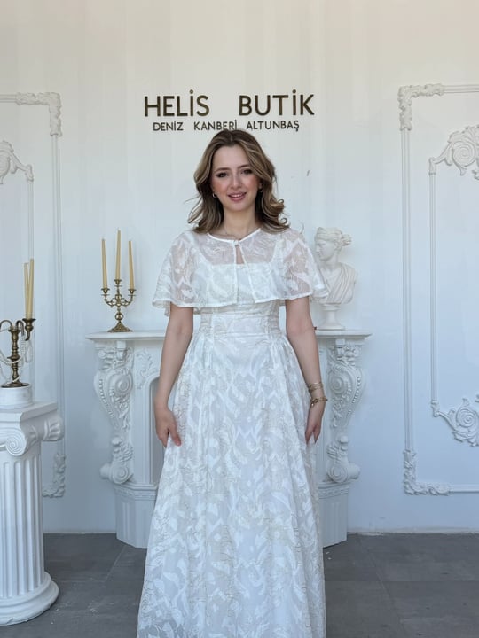 Yaldız Nakış İşlemeli Bolerolu Abiye Elbise - Ekru