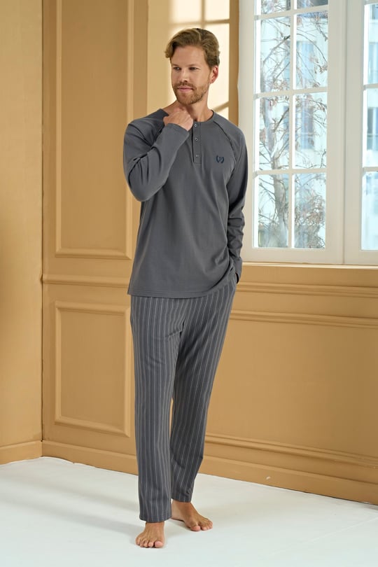 Erkek Antrasit Penye %100 Pamuk Patlı Pijama Takımı - 2276R