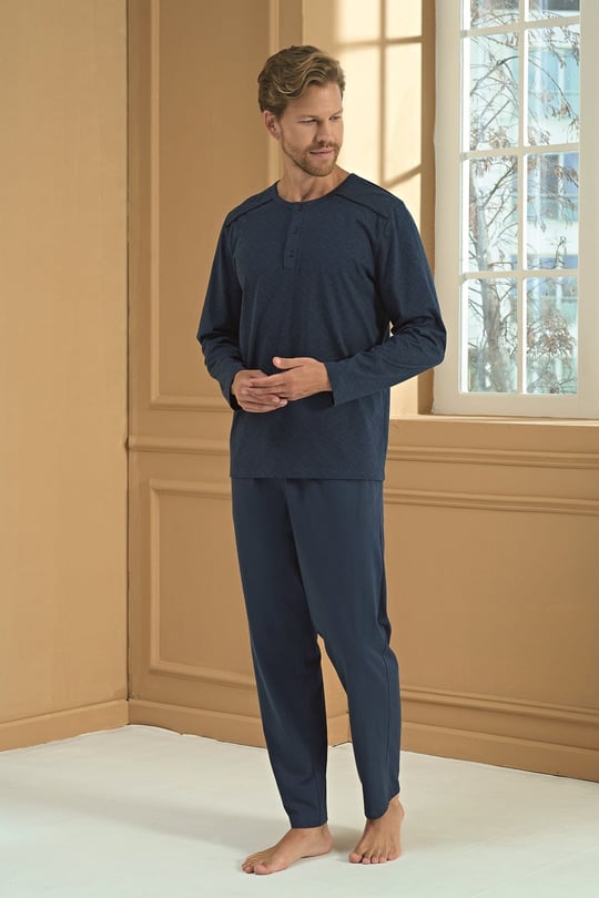 Erkek Lacivert %100 Pamuk Patlı Penye Pijama Takımı - 2275R