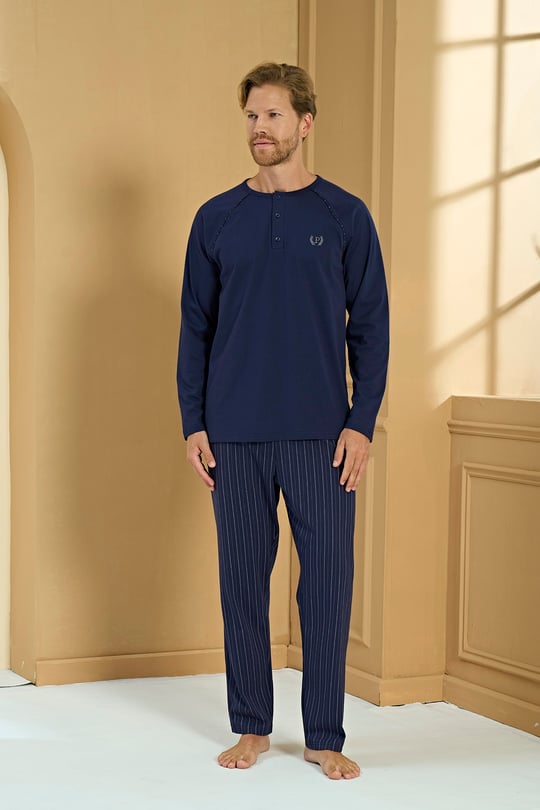 Erkek Lacivert %100 Pamuk Patlı Penye Pijama Takımı - 2276R