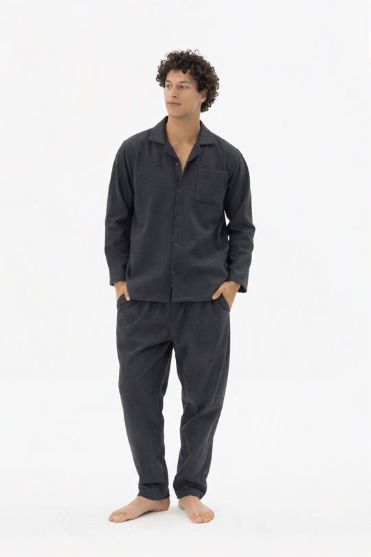 Erkek Siyah Dokuma Pazen Apaj Yaka Pijama Takımı - 4040R