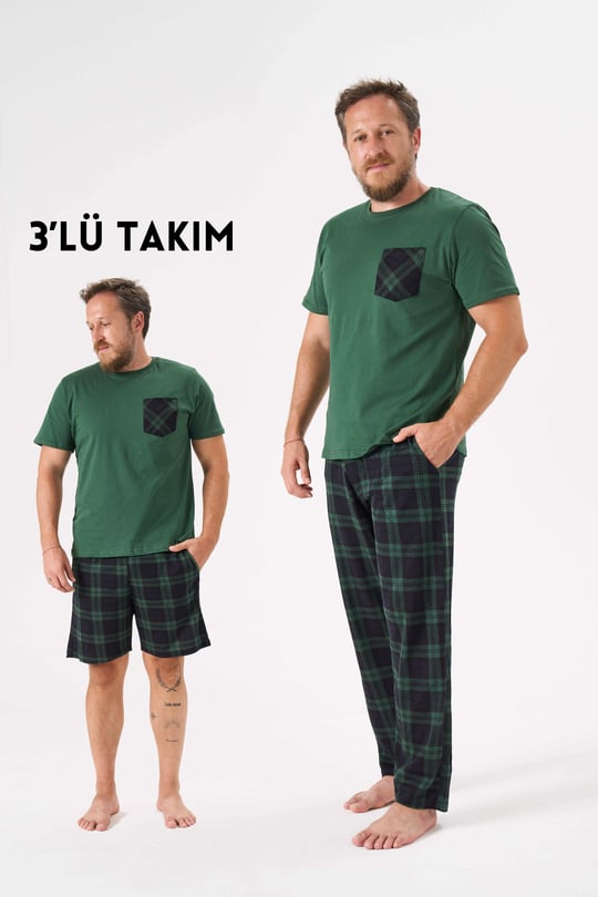Erkek Yeşil 3'Lü Pijama Takımı - 6145-4R