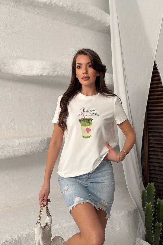 Kadın Beyaz Baskılı %100 Pamuk Tişört - 297RLX-3